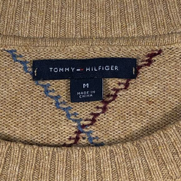 Tommy Hilfiger Mens Sweater Argyle Crewneck Brown Wool/Cotton Blend Distressed - Picture 7 of 8